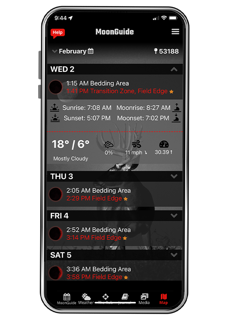 On the MoonGuide Hunting App see MoonGuide's exclusive Red Moon Science will put you in the right place at the right time to get that buck of a lifetime.