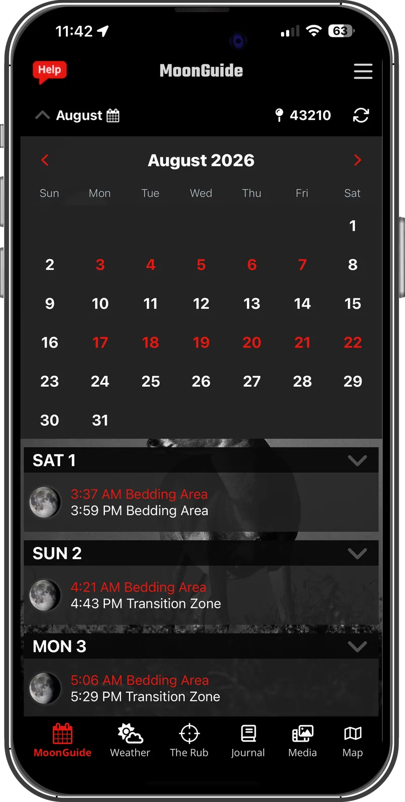 The MoonGuide app showing the Red Moon calendar