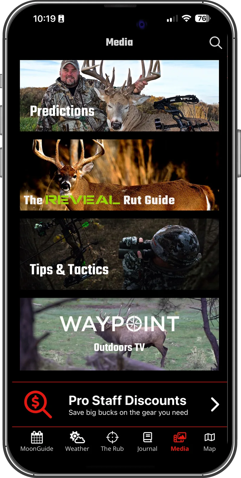 The MoonGuide app showing the media hub