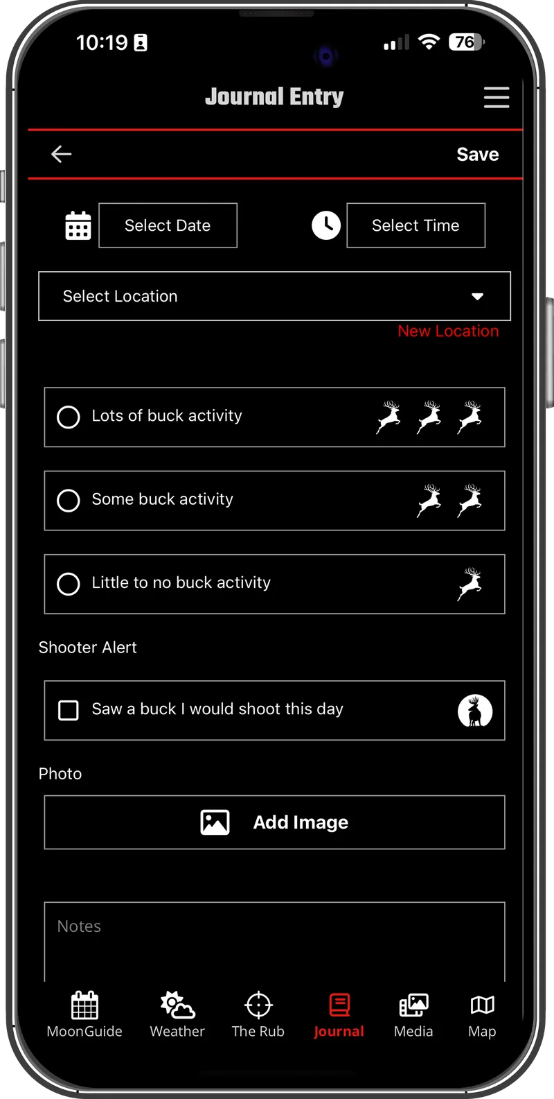 The MoonGuide app showing a journal entry